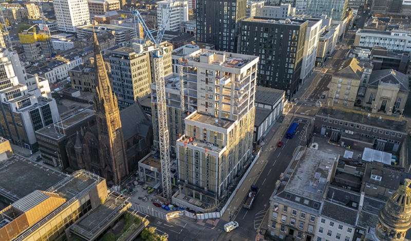 Aerial footage of student accommodation under construction in Glasgow