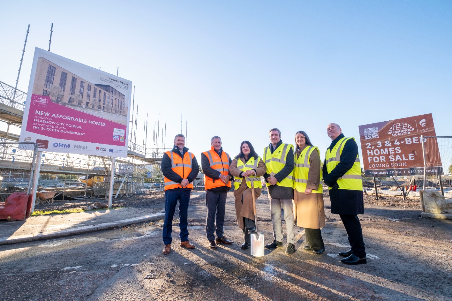 Susan Aitken and councillor Ruari Kelly, Glasgow City Council (centre) with David Wylie and Calum Murray, CCG (left); and Elanor Derbyshire and Martin McKay, Thenue Housing
